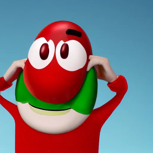 Image similar to photo of the red m & m character with the face of borat