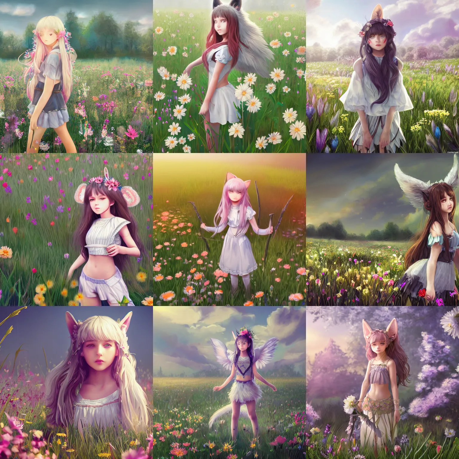 Prompt: A beautiful and detailed art of a young girl with large white-tipped wolf tail and wolf ears, standing in the middle of a field of flowers, 4K UHD, RPG, unreal engine, wallpaper, trending on artstation and behance and pixiv