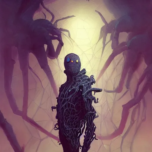 Prompt: Portrait of Handsome Spider Cryptid Model Standing, the humanoid. willian murai Pete Mohrbacher Raymond Swanlandy todd lockwood marc simonetti stephan matiniere Lamin Martin.