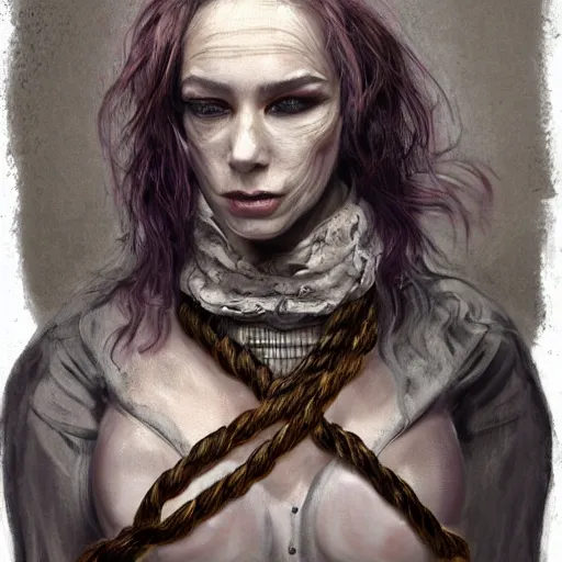 Image similar to portrait of a Shibari rope wrapped face and neck, headshot, insanely nice professional hair style, dramatic hair color, digital painting, of a old 15th century, old cyborg merchant, amber jewels, baroque, ornate clothing, scifi, realistic, hyperdetailed, chiaroscuro, concept art, art by Franz Hals and Jon Foster and Ayami Kojima and Amano and Karol Bak,