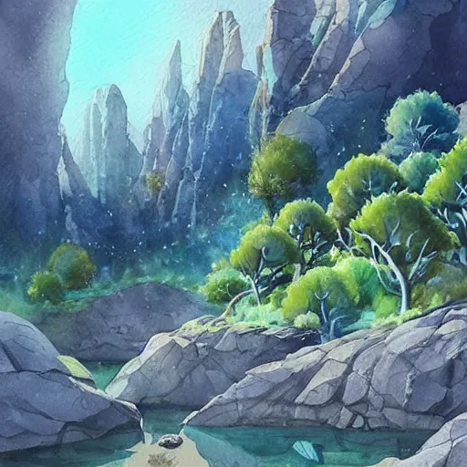 Image similar to beautiful happy picturesque charming sci - fi organic pod - like homes of the future in a beautiful natural scene. water, trees and rocks. beautiful light. soft colour scheme. beautiful artistic detailed watercolor by lurid. ( 2 0 2 2 )