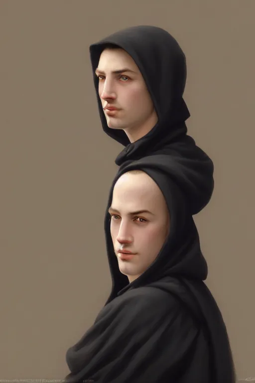 Image similar to He wears a hood to hide his features, but upon closer inspection you discover that half of his face is not what it should be, illustration, soft lighting, soft details, dark mood, painting oil on canvas by Edmund Blair Leighton and Charlie Bowater octane render trending on artstation d&d characters, 4k, 8k, HD