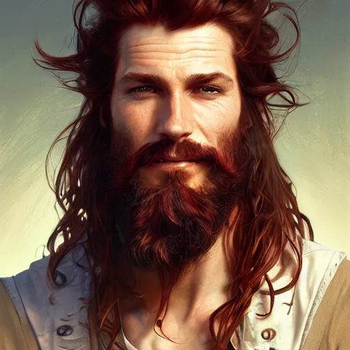 Image similar to portrait of a young ruggedly handsome but joyful pirate, male, masculine, upper body, red hair, long hair, d & d, fantasy, intricate, elegant, highly detailed, digital painting, artstation, concept art, matte, sharp focus, illustration, art by artgerm and greg rutkowski and alphonse mucha