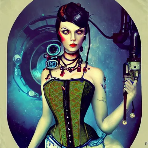 Prompt: lofi underwater bioshock biopunk steampunk portrait, wearing corset, Pixar style, by Tristan Eaton Stanley Artgerm and Tom Bagshaw.