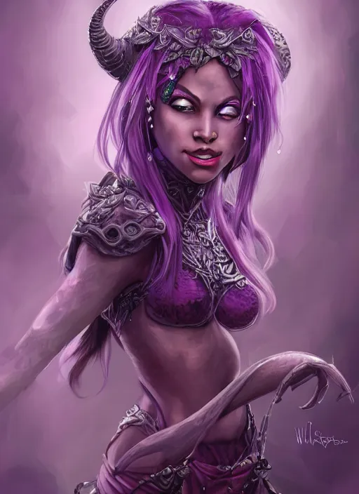 Prompt: purple skin, Tiefling , smiling, beautiful detailed eyes, cute, fantasy, intricate, elegant, highly detailed, digital painting, 4k, HDR, concept art, detailed jewelry, smooth, sharp focus, illustration, by Wayne Reynolds
