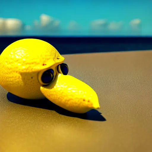 Image similar to anthromorphic robotic lemon relaxing in a beach, photorealistic 3 d octane render, unreal engine