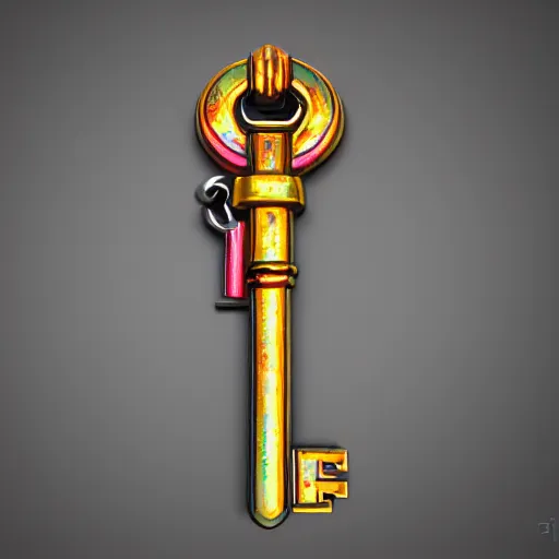 Image similar to a stylised old colorful metal key, key is on the center, rpg game inventory item, rim light, outer glow, on the white background, high poly vray, stylised textures, trending on artstation