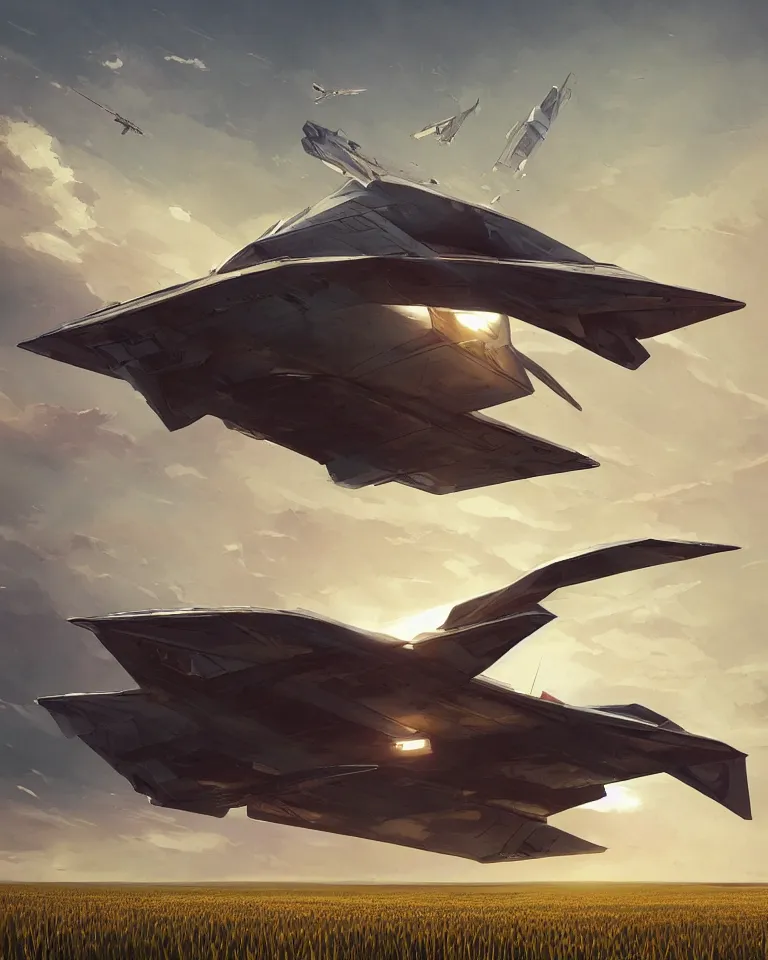 Image similar to wide shot of a tall and thin greebled sharp angled spaceship hovering in the air 6 feet above a cornfield, late afternoon, golden hour, dramatic lighting, cinematic, highly detailed, smooth, sharp focus, concept art by greg rutkowski and artgerm and syd mead