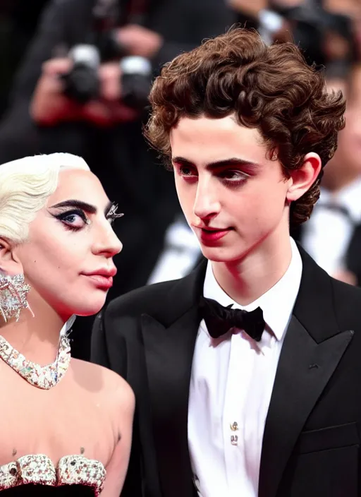 Image similar to timothee chalamet with lady gaga on a red carpet, canon, highly realistic. lady gaga, high resolution. highly detailed 8 k. 4 k.