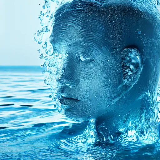 Image similar to water artwork manipulation in the shape of a human head, on the ocean water, ray tracing, realistic water sharp focus, long shot, 8 k resolution, cinematic, amazing water art