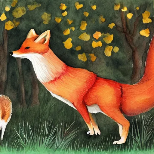 Image similar to a red fox dancing with a white chicken in front of a hen house, watercolor illustration,