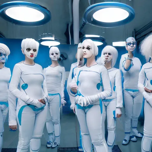 Prompt: troop of freak show women with white apache hairdos, white hair, tight light blue neopren suits, futuristic production facility, sci - fi, highly detailed, cinematic