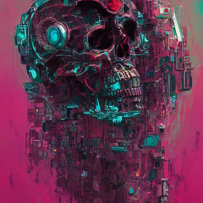 Prompt: a beautiful painting of a cyberpunk skull by james jean and pascal blanche and reza afshar. in style of colorful comic noir illustration, symmetry, sci fi, hyper detailed. octane render. trending on artstation