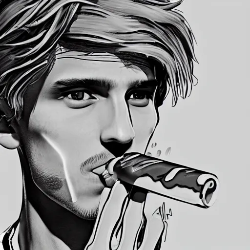 Image similar to a closeup photo of handsome gigachad xqc smoking a cigar, 8k photorealism, extremly detailed, trending on artstation