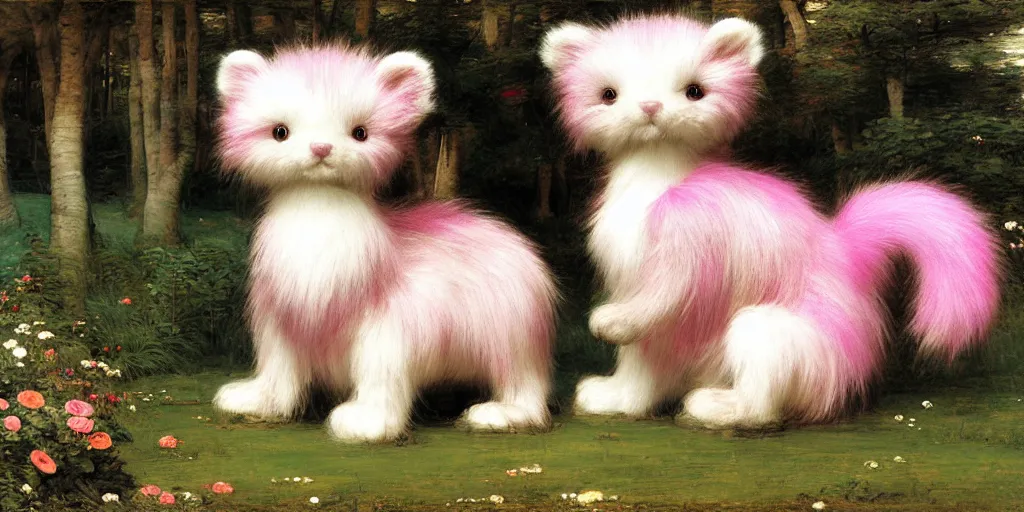 Prompt: 3 d precious moments plush animal with realistic fur and a blue / white / gray / green / pink / tan / mid pink / blue gray color scheme, landscape, master painter and art style of john william waterhouse and caspar david friedrich and philipp otto runge