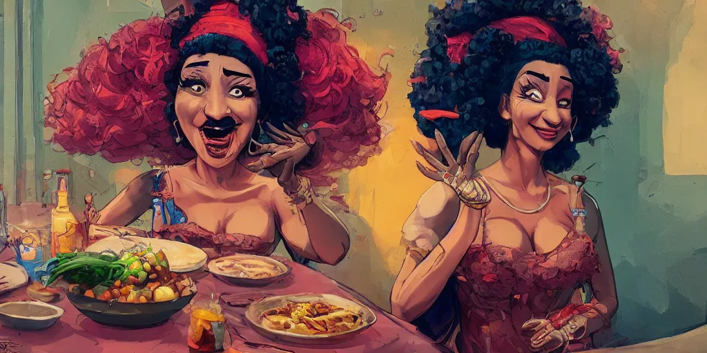 Image similar to cartoonish celia cruz eating dinner, vivid colors, character sheet, fine details, concept design, contrast, kim jung gi, greg rutkowski, enki bilal, trending on artstation, 8 k, full body, turnaround, front view, back view, ultra wide angle