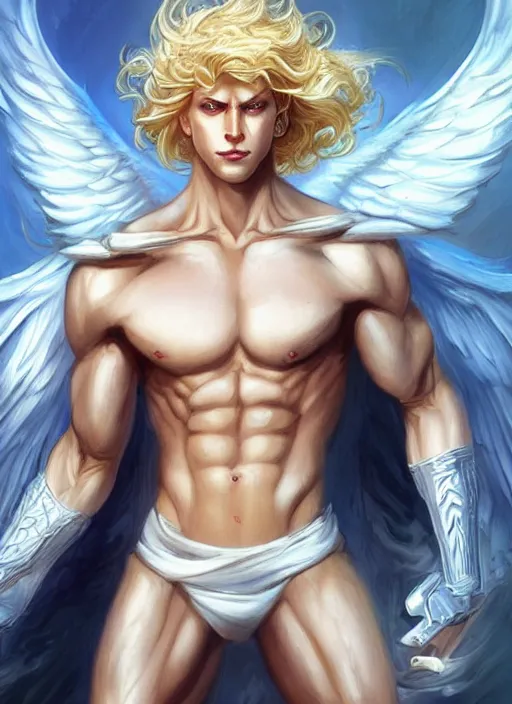 Image similar to handsome blond cyborg Lucius as a muscular angel handcuffed, pale androgynous young man with long fluffy blond curly hair, urban fantasy romance book cover, D&D!, fantasy style, sharp focus!, ultra detailed, art by Artgerm and Peter Andrew Jones, WLUP