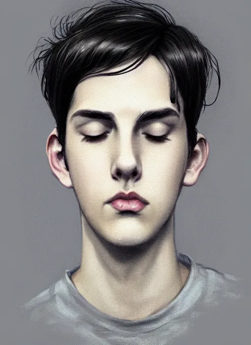 Image similar to portrait of teenage jughead jones wearing a light grey crown, photorealistic, crown, eyes closed, crown, black hair, intricate, elegant, glowing lights, highly detailed, digital painting, artstation, concept art, smooth, sharp focus, illustration, art by wlop, mars ravelo and greg rutkowski