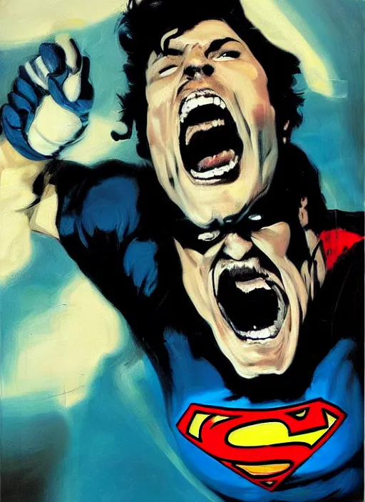 Prompt: angry joe screaming, superman shirt, leather jacket, painting by phil hale, fransico goya,'action lines '!!!, graphic style, visible brushstrokes, motion blur, blurry