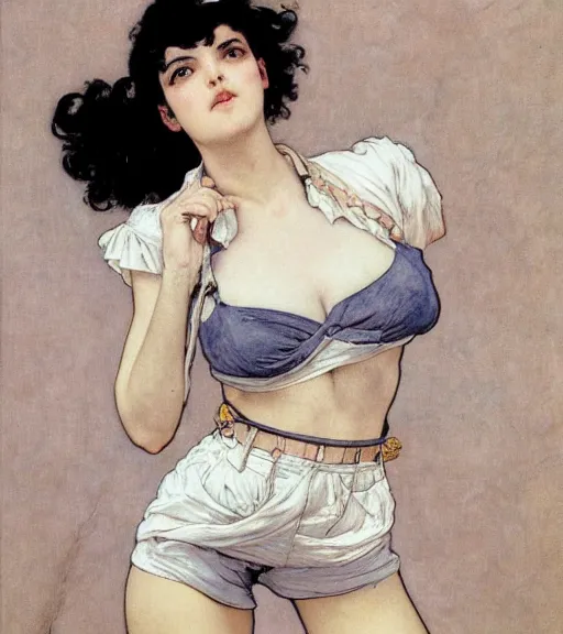 Prompt: lineart of a woman with black hair pixie cut in shorts with suspenders and white t-shirt drawn by anime, Alexandre Cabanel, norman rockwell, peter paul rubens, maler collier, frank frazetta, alphonse mucha, gustav klimt 4k, unreal 5, DAZ, french noveau, trending on artstation, octane render, hyperrealistic