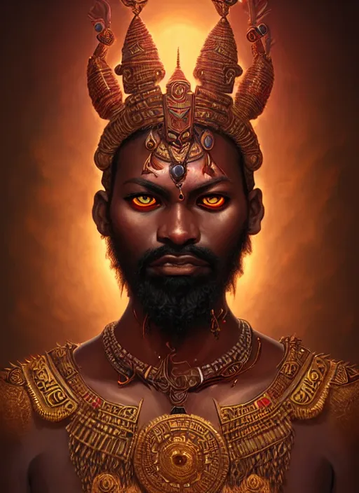 Prompt: angry orisha warrior god, bronze skin tone, bushy beard, glowing red eyes, volumetric lights, mauve and gold scheme, tribal and primitive, intricate, highly detailed, digital painting, artstation, concept art, smooth, sharp focus, illustration, kemetic symbolism, art by artgerm and greg rutkowski and alphonse mucha