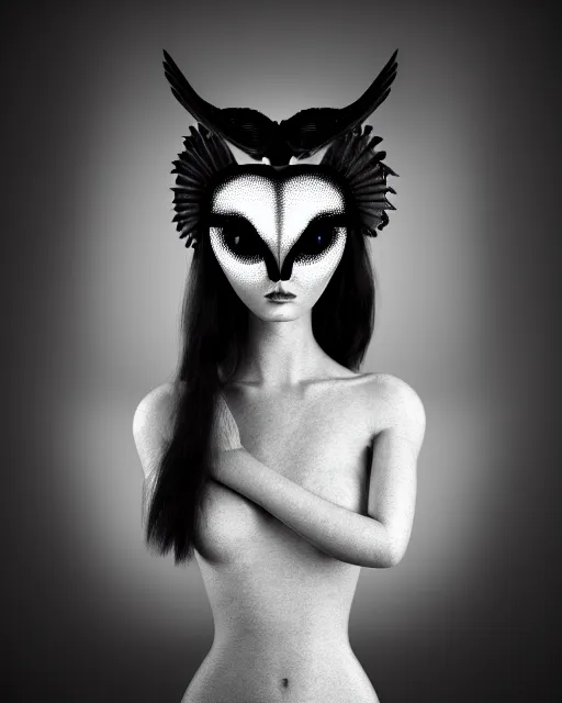 Image similar to surreal mythical dreamy dark artistic black and white fine art 3 / 4 fashion portrait photo of a young beautiful delicate female robot with orchid - owl face, rim light, cinematic, studio dramatic light, poetic, masterpiece, octane render, 8 k, photo - realistic by hg giger and man ray