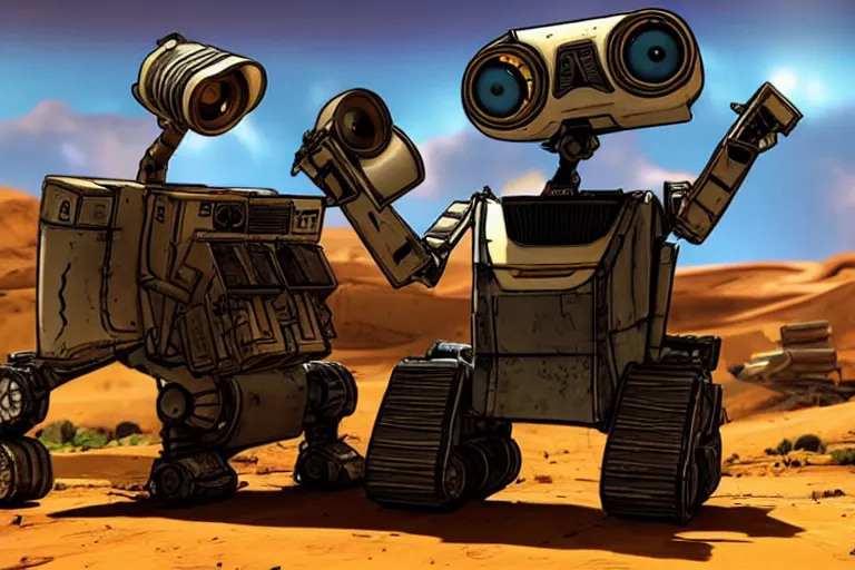 Image similar to wall - e in borderlands style game, heavy detailed, ultra high definition quality, borderlands game engine graphics