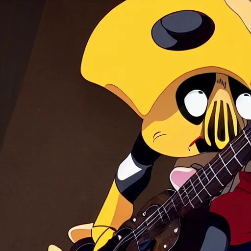 Prompt: bumblebee singing on stage with a microphone and acoustic guitar in an anime