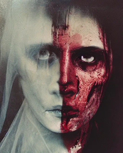 Image similar to an instant photo of a handsome but sinister ghost in layers of fear, with violence in his eyes, 1 9 7 0 s, seventies, woodlands, delicate embellishments, a little blood, crimson, painterly, offset printing technique, by mary jane ansell