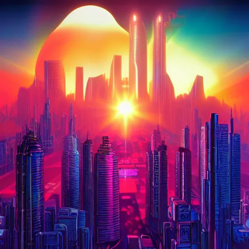 Prompt: A synth-wave 80's style painting of the sun rising above a futuristic city skyline in neon colors, trending on Artstation, hyperrealism artstation, extremely detailed