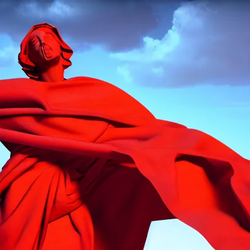 Image similar to a roman statue covered by red cloth that's blowing in the wind, digital art, concept art, cloth simulation with houdini, octane, redshift, 8 k