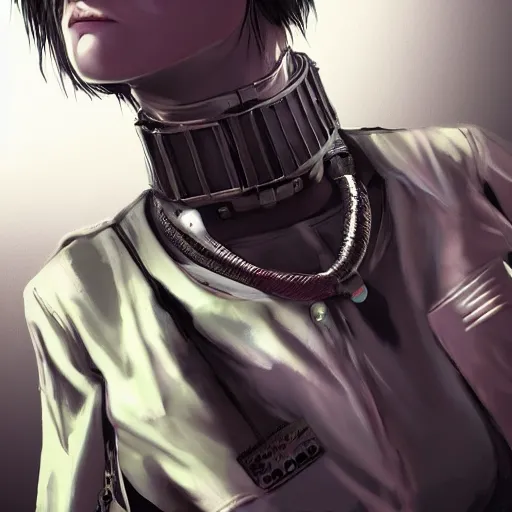 Image similar to detailed realistic cyberpunk female character cyberpunk wearing steel collar around neck, realistic, art, beautiful, 4K, collar, choker, collar around neck, punk, artstation, detailed, female, woman, choker, cyberpunk, neon, punk, collar, choker, collar around neck, thick collar, choker around neck, wearing choker, wearing collar, bright neon punk hair,