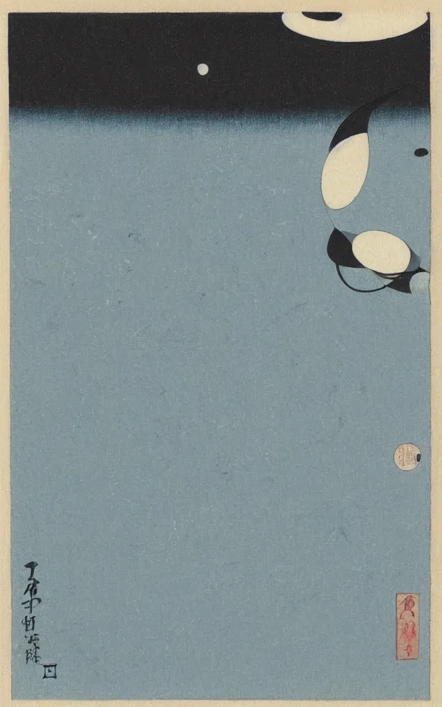 Prompt: a singular small pale blue dot, black background, white accents. minimalist painting. ukiyo-e, shin-hanga