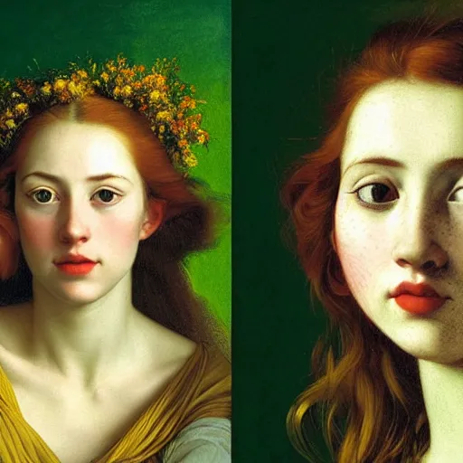 Prompt: portrait of happy a young woman, among the lights of golden fireflies and nature, long loose red hair, intricate details, bright green eyes, freckles on the nose, round gentle face, romantic dress, deep focus, sharp, golden ratio, hyper realistic digital art by artemisia lomi gentileschi and caravaggio