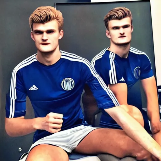 Image similar to a realistic detailed photo of a guy who is an attractive humanoid who is half robot and half humanoid, who is a male android, soccer players martin ødegaard & timo werner, shiny skin, posing like a statue, blank stare, in a living room, on display, showing off his muscles, gold soccer shorts, no jersey, statue, many copies of them