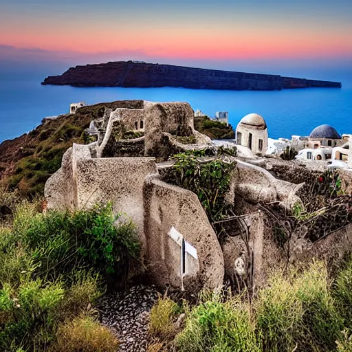 Image similar to overgrown abandoned ruins of santorini, national geographic