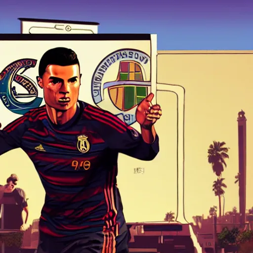 Image similar to Cristiano Ronaldo in a GTA 5 loading screen, concept art by Anthony McBain