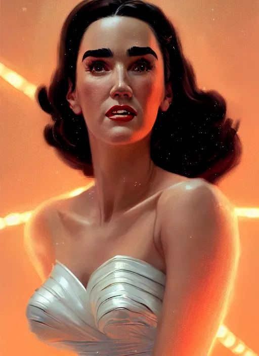 Prompt: portrait of 1 9 5 0 s darna, jennifer connelly, intricate, elegant, glowing lights, highly detailed, digital painting, artstation, glamor pose, concept art, smooth, sharp focus, illustration, art by wlop, mars ravelo and greg rutkowski