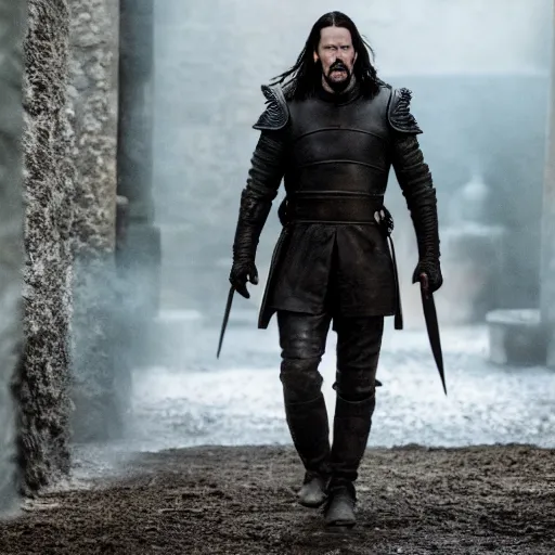 Image similar to keanu reeves in game of thrones, 4 k, epic, cinematic, focus, movie still, fantasy, serious, extreme detail, atmospheric, dark colour, sharp focus