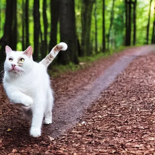 Prompt: a cat with the face of a dog, running in the woods, photo