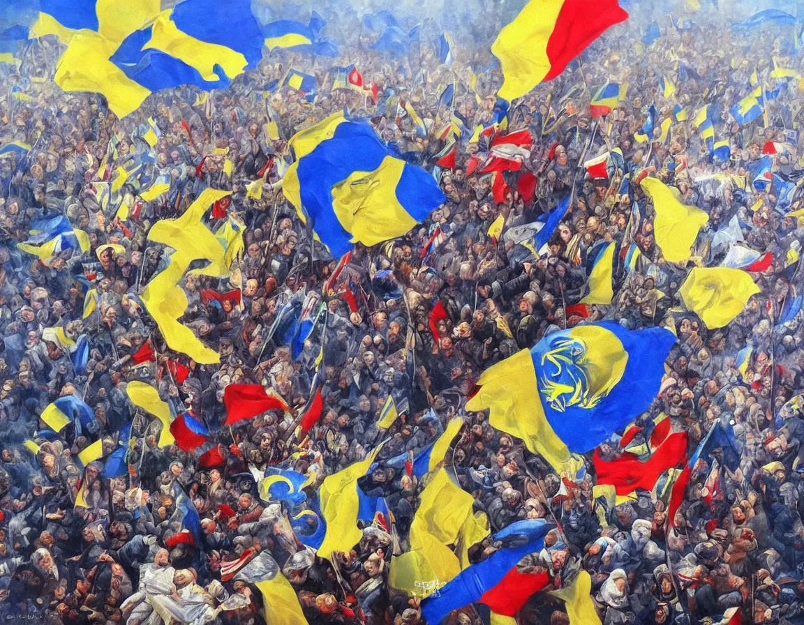 Image similar to Ukraine wins over Russia Ukraine conquers Moscow Slava Ukraine, trending on artstation, digital art, highly detailed, canvas oil painting