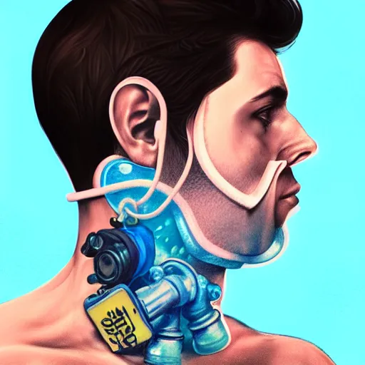 Image similar to a profile photo of a man with underwater oxygen mask and a cylinder on back with tattoos on arm and neck, side profile in underwater, highly detailed, digital painting, artstation, illustration by Sandra Chevrier