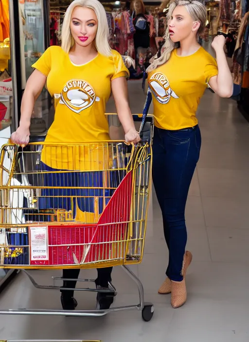 Image similar to portrait of lindsey pelas and scarlet johansson wearing golden t shirt while shopping, by charlotte grimm, natural light, detailed face, beautiful features, symmetrical, canon eos c 3 0 0, ƒ 1. 8, 3 5 mm, 8 k, medium - format print, half body shot