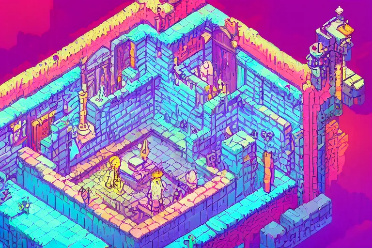 Image similar to isometric pixelart intricate flourescent complex wimmelbild illustration of dungeon room map by greg rutkowski and Ryōma Itō and dan mumford and möbius trending on artstationin the style of Ghibli and 1960s Americana Comics HQ 8K scan