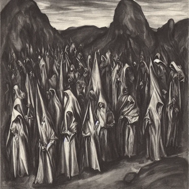 Image similar to A Holy Week procession of grim reapers in a lush Spanish landscape at night. A hooded figure at the front holds a cross. El Greco, Carl Gustav Carus, Edward Hopper.