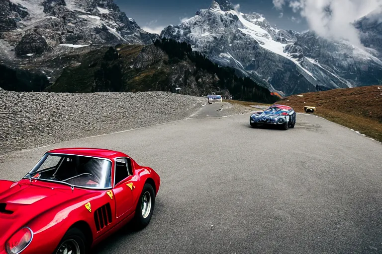 Image similar to car photography of Ferrari 250 GTO series 2 in the Swiss Alps by Emmanuel Lubezki