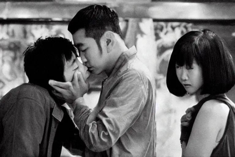 Prompt: wong kar wai kiss movie scene
