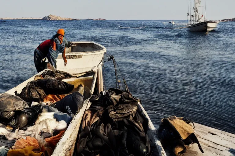 Prompt: cinematography Greek fisherman loading their boat by Emmanuel Lubezki