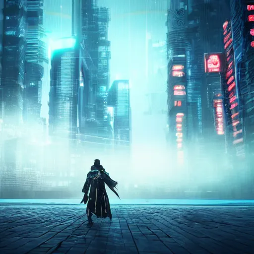 Image similar to cyberpunk samurai in a dytopian future, ultra realistic, fog