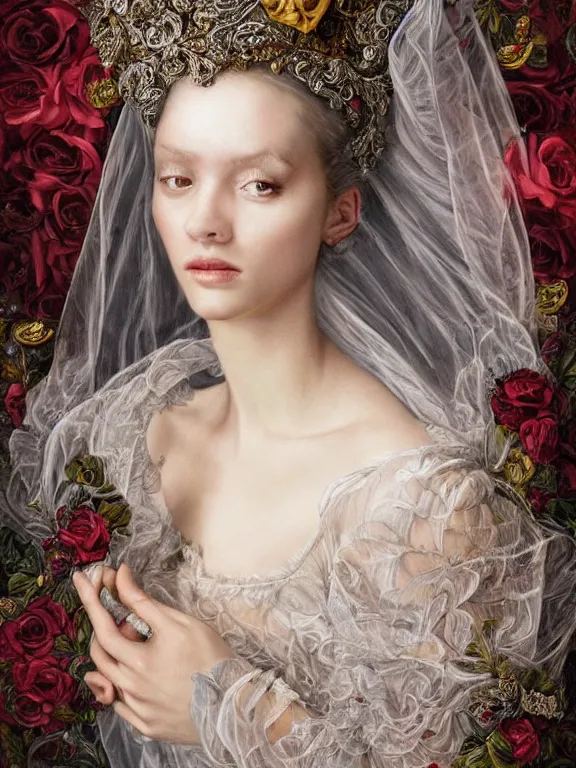 Prompt: a 65mm fashion headshot portrait of a catholic veiled Princess who has rococo dramatic headdress with roses,with symmetry intricate detailed,by Virginie Ropars and Nekro and peter gric and aaron horkey and Billelis, ,William Holman,GUCCI,DIOR,trending on pinterest,hyperreal,jewelry,gold,maximalist